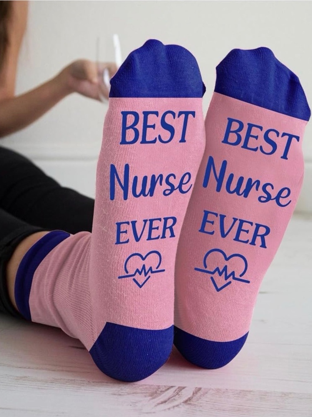 NWT- Best Nurse Ever Pink & Navy Crew Socks - Perfect Gift